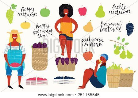 Big Autumn Harvest Set With Beautiful Funny Women Picking Cranberries, Apples, Pears, Stomping Grape