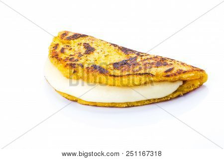 Cachapa With Cheese, Typical Venezuelan Cuisine Made Of Ground Corn And White Cheese, White Backgrou