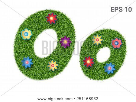 Oo - Capital And Oopital Letters Of The Alphabet With A Texture Of Grass. Moorish Lawn With Flowers.