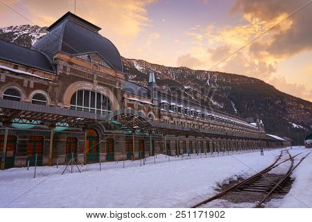 Canfranc train station in Huesca on Pyrenees at Spain
