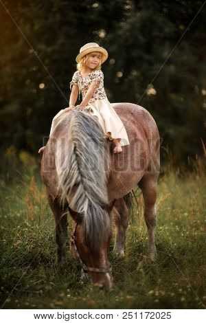 Little Girl With Horse At Summer Evening Day