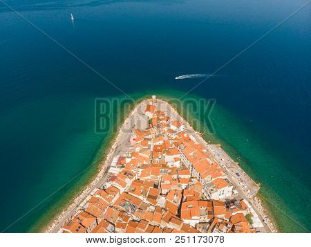 Aerial View Of Old Town Piran. Splendid Summer Day On Adriatic Sea. Beautiful Cityscape Of Slovenia,