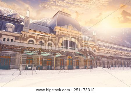 Canfranc train station in Huesca on Pyrenees at Spain