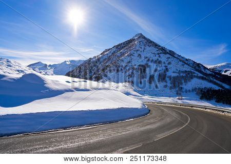Cerler Ampriu ski area road with snow in Huesca Pyrenees of Spain