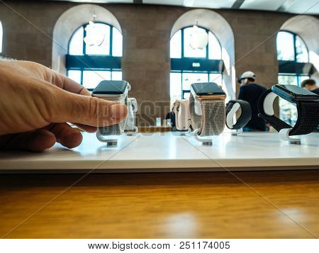 Paris, France - Jul 16, 2018: Modern Apple Mac Store Main Hall With Touching The Newest Latest And M