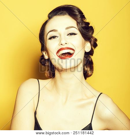 Portrait Of Attractive Sensual Glamour Retro Elegant Young Adult Smiling Woman With Classic Hairstyl