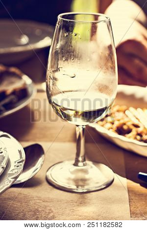 Glasses With Wine White Tasting Wine In The Vineyard.