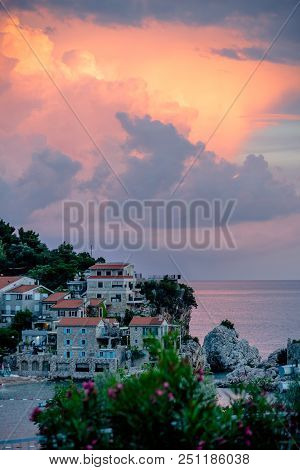 Summer Sunset In Przno Bay In Montenegro