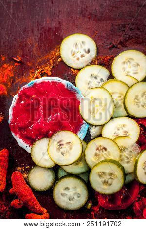 Close Up Of Ingredients An Face Pack Of Raw Fresh Vegetables  On Gothic Surface I.e. Tomato Puree An