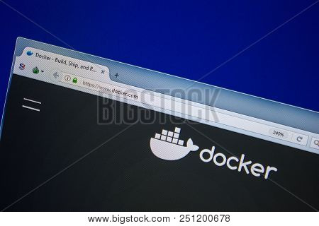 Ryazan, Russia - July 25, 2018: Homepage Of Docker Website On The Display Of Pc. Url - Docker.com