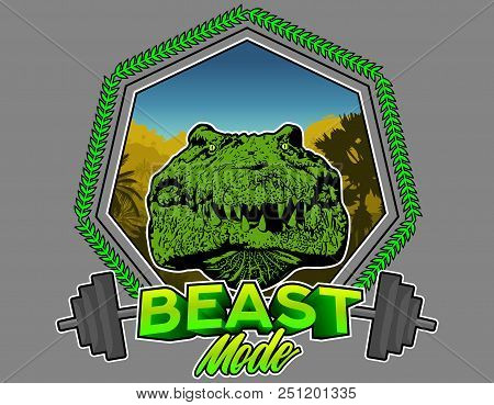 Crocodile Illustration, Fitness Beast Mode Training, With Grey Background. Vector Illustration. Idea