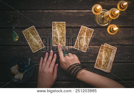 Tarot Cards On Fortune Teller Desk Table Background. Futune Reading Concept. Divination.