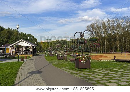 A Pedestrian Walk In The Forest Park Of Troparevo, Moscow, Russia. Sunny Day At The End Of September