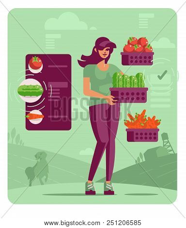 Woman Farmer With Basket Of Vegetables And Fruits. Vector Illustration.