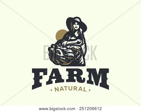 Woman Farmer With Basket Of Vegetables And Fruits. Vector Illustration.