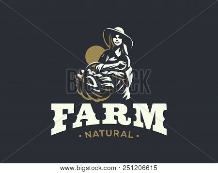 Woman Farmer With Basket Of Vegetables And Fruits. Vector Illustration.