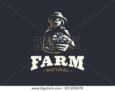 Woman Farmer With Basket Of Vegetables And Fruits. Vector Illustration.