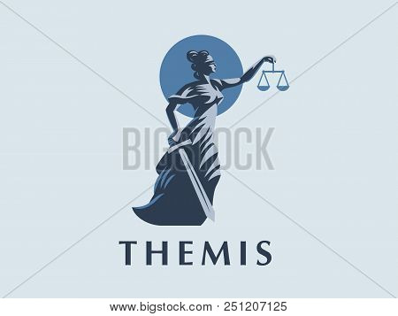 The Goddess Themis With A Sword Of Justice And Weights In Her Hands. Vector Emblem.