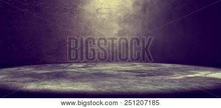 Empty Room And Concrete Floor Background.smoke Or Fog And Spotlight In Dark Space.3d Illustration