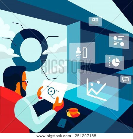 A Man In The Interior At A Table With Coffee, Working On A Tablet. Infographics. Vector Illustration