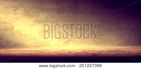 Empty Room And Concrete Floor Background.smoke Or Fog And Spotlight In Dark Space. 3d Illustration