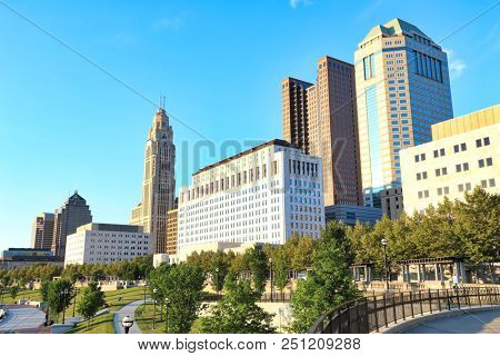 Columbus, Ohio  riverfront along the Scioto River.  The Scioto Mile pathways create a popular park area in the downtown district of the city.