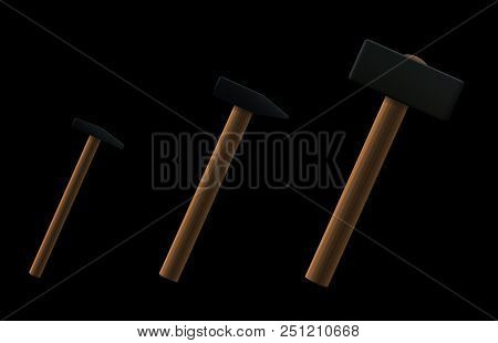 Small, Normal And Big Hammer. Vector Illustration On Black Background.
