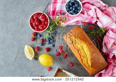 Homemade Pound Cake Or Lemon Cake With Berries Filling Also Known As Gateaux De Voyage Cake, French 