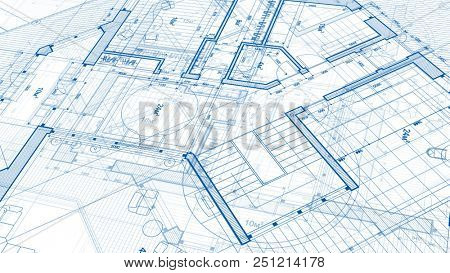 Architecture design: blueprint plan - illustration of a plan modern residential building / technology, industry, business concept illustration: real estate, building, construction, architecture
