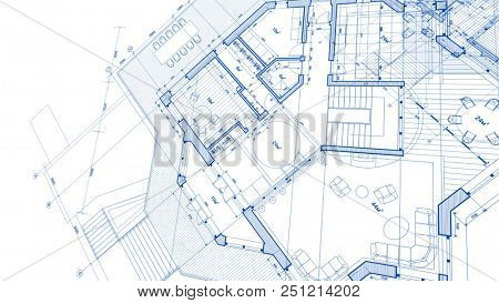 Architecture design: blueprint plan - illustration of a plan modern residential building / technology, industry, business concept illustration: real estate, building, construction, architecture