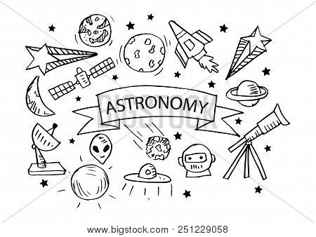 Astronomy Icons Set. Hand Drawing Illustration. Black And White.