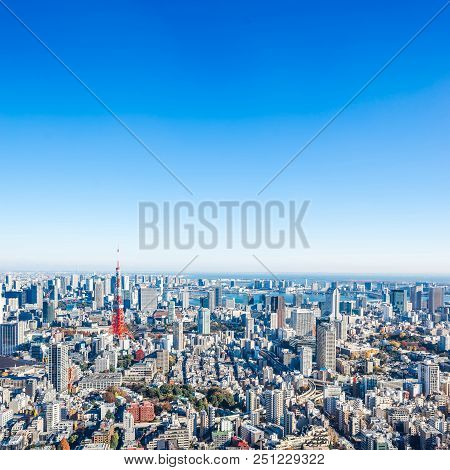 Panoramic Modern City Skyline Aerial View Under Blue Sky In Tokyo, Japan