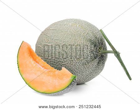 Whole And Sliced Japanese Melon, Orange Melon Or Cantaloupe Melon Isolated On White Background