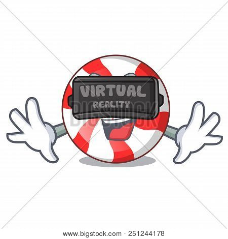 Virtual Reality Peppermint Candy Mascot Cartoon Vector Illustration