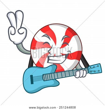 With Guitar Peppermint Candy Mascot Cartoon Vector Illustration