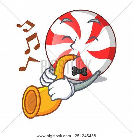 With Trumpet Peppermint Candy Mascot Cartoon Vector Illustration