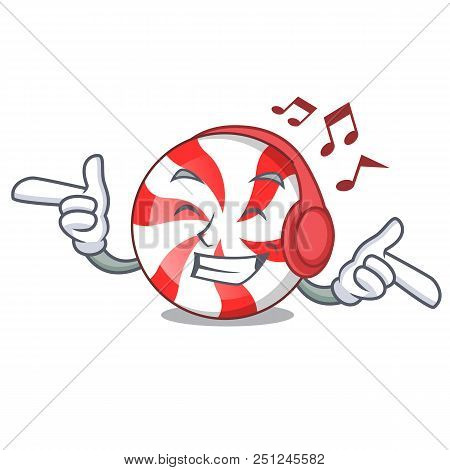 Listening Music Peppermint Candy Mascot Cartoon Vector Illustration