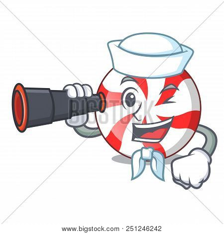 Sailor With Binocular Peppermint Candy Mascot Cartoon Vector Illustration
