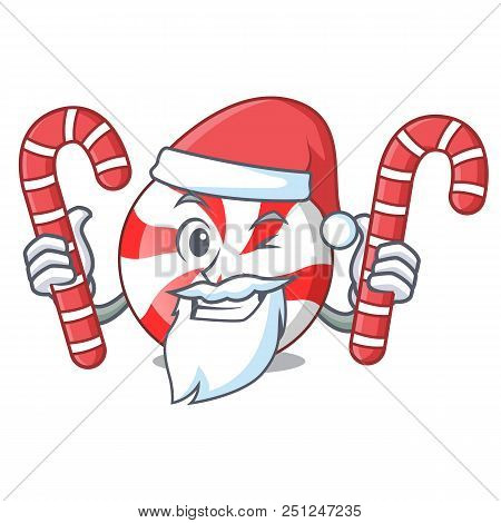 Santa With Candy Peppermint Candy Mascot Cartoon Vector Illustration