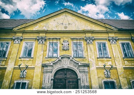 Marchegg Castle, Austria. Architectural Scene. Travel Destination. Analog Photo Filter With Scratche
