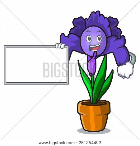 With Board Iris Flower Character Cartoon Vector Illustration