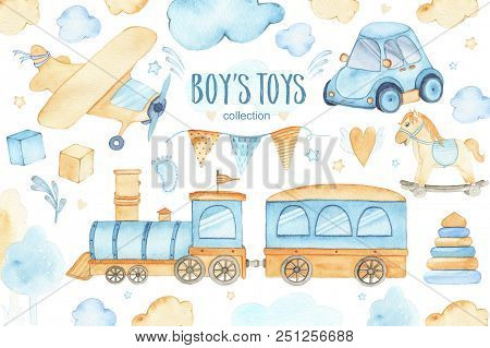 Watercolor Boys Toys Baby Shower Set With Car Airplane Train Garland And Trees Clouds Cubes Pyramid 