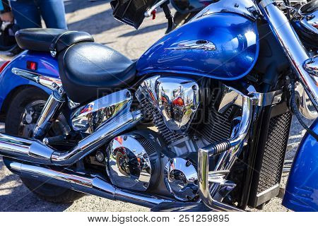 Tolyatti, Russia, May 09, 2018: Show Of Bikers Dedicated To Victory Day. Shiny Chrome Motorcycle Eng