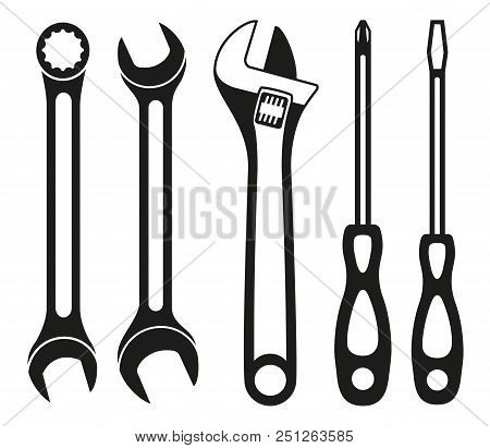 Black And White Wrench Screwdriver Silhouette Set. Handyman Tools For Home Repair. Maintenance Theme