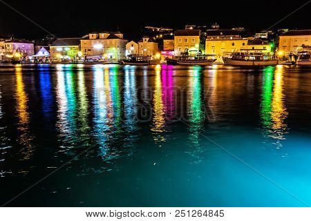 View Of Houses On Ciovo Island, Night Colorful Scene. Travel Destination. Summer Vacation.