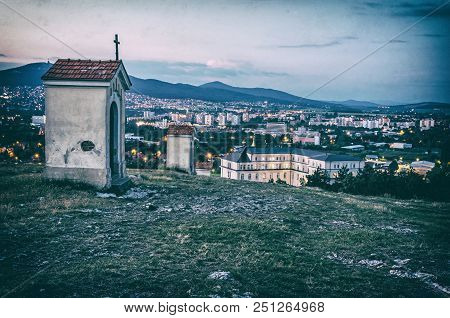 Calvary In Nitra City With Zobor Hill, Slovak Republic. Religious Place. Evening Scene. Cultural Her