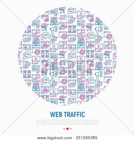 Web Traffic Concept In Circle With Thin Line Icons: Seo Technology, Data Exchange, Sync, Click, Mobi