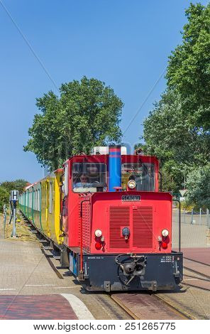Borkum, Germany - July 25, 2018: Passenger Train Arriving At The Station Of Borkum Harbor In Germany