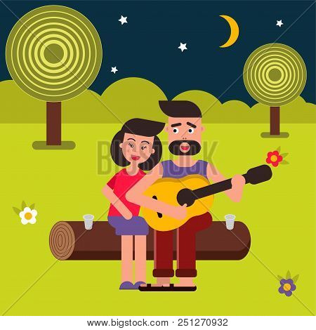 Vector Flat Illustration, Style Cartoon. Young Happy Family On A Picnic. A Couple In Love, Songs And
