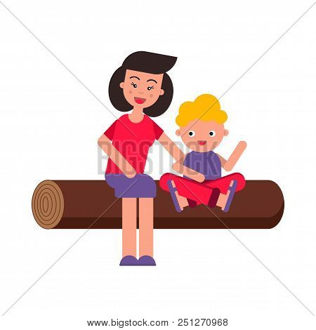 Vector Flat Illustration, Style Cartoon. Young Happy Family On A Picnic. Mom And The Child Are Sitti